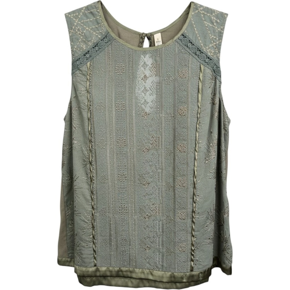 Anthropologie Tiny Sage Green Embroidered Lace Trim Sleeveless Keyhole Top M